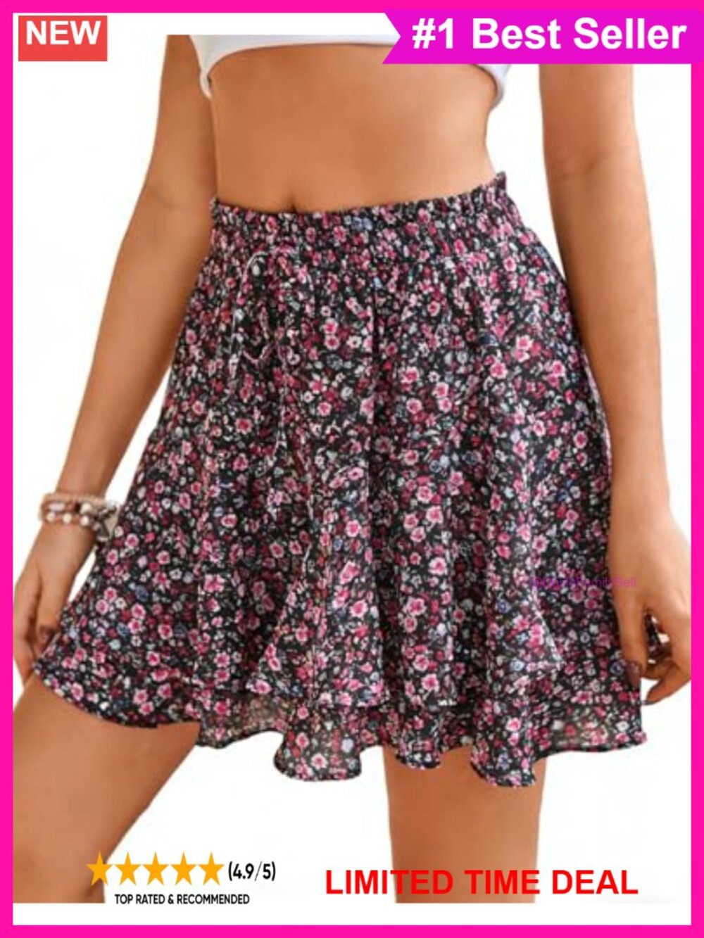 Floral Ruffle Flowy Skorts High Rise Drawstring Mini Skirt Summer - Picture 1 of 5